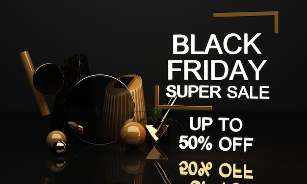 Foto black friday poster ou banner com forma geométrica em preto e amarelo iluminação de néon conceito de cor renderização 3d