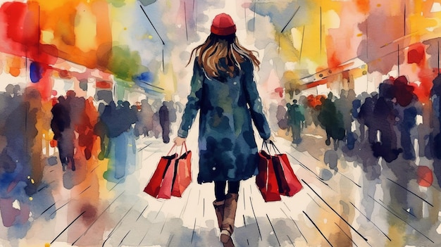 Black Friday Shopping Spree Mulher com Bolsas em ilustração de aquarela vibrante