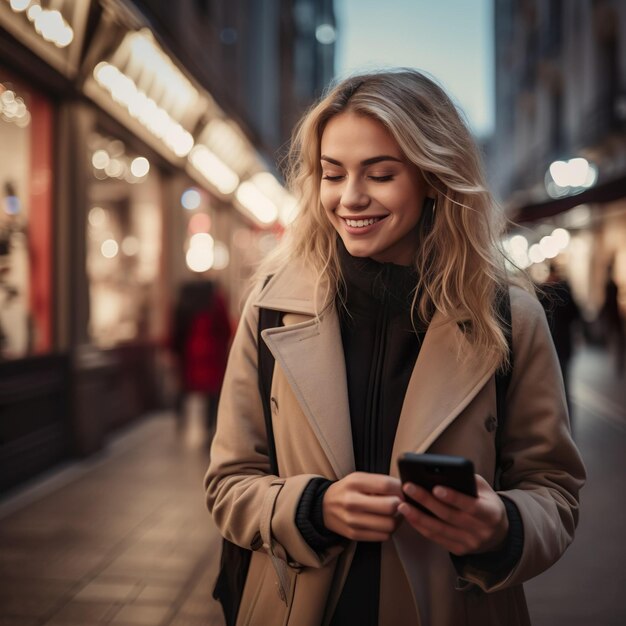 Black Friday Shopping Technology Mulher com sacos de compras está usando um smartphone e sorrindo