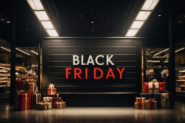 Black Friday Super Sale Caixas de presentes pretas realistas Padrão com caixa de presente com laço vermelho Fundo escuro
