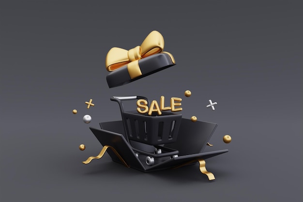 Black Friday Super Sale con cajas de regalo abiertas Promoción de Navidad y Feliz Año Nuevo Representación 3d