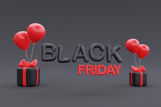 Black Friday Super Sale con cajas de regalo y globo Promoción de Navidad y Feliz Año Nuevo representación 3d