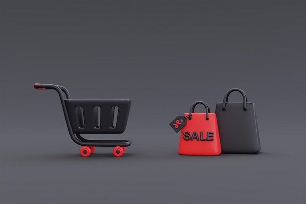 Black Friday Super Sale con carrito de compras y bolsas Promoción de Navidad y Feliz Año Nuevo Representación 3d