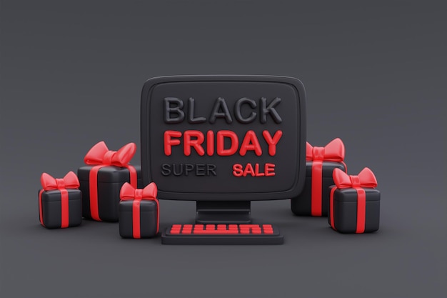 Black Friday Super Sale com computador e caixas de presente, Natal e Feliz Ano Novo, promoção 3d renderização