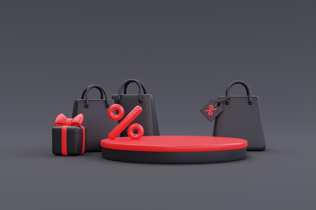 Black friday super sale com exibição de pódio e sacolas de compras natal e feliz ano novo renderização em 3d