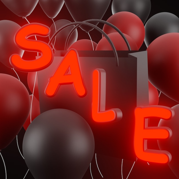 Foto black friday super sale descuentos de año nuevo de letrero de venta de neón y globos sobre fondo negro