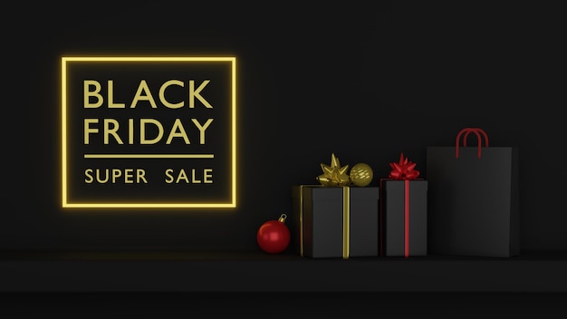 Black Friday Super Sale Geschenkbox und Einkaufstasche und hell leuchtende Rahmen 3D-Rendering-Illustration