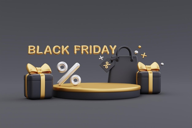 Black Friday Super Sale mit Podiumsdisplay und Einkaufstüten Geschenkboxen Weihnachten und Happy New Year Promotion 3D-Rendering