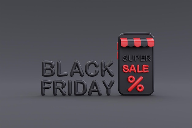 Black Friday Super Sale mit Smartphone Weihnachten und Happy New Year Promotion 3D-Rendering