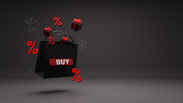 Foto black friday super sale, neujahrsrabatte von einkaufstüten und geschenkboxen mit schneeflocke auf schwarzem hintergrund. 3d-rendering