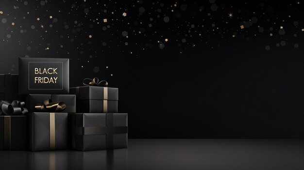 Black Friday Super Sale Realistische schwarze Geschenkkisten mit goldenen Schleifen und dunklem Hintergrund