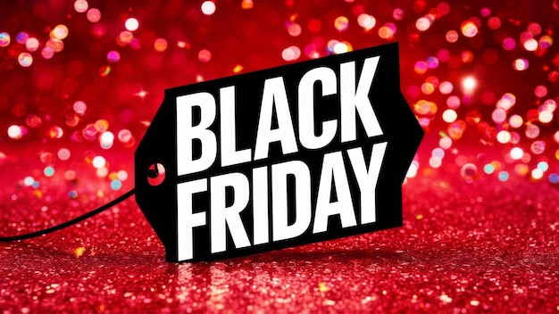Black Friday Verkaufsmarkierung auf einem festlichen roten glitzernden Hintergrund