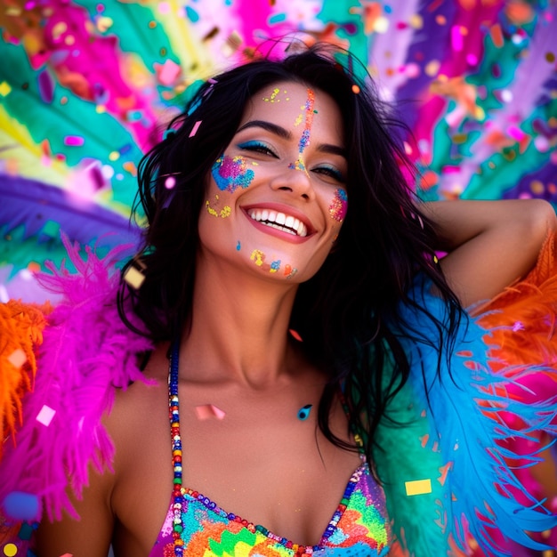 Foto black hair woman with multicolored feathers for carnival