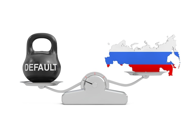 Black Iron Kettlebell mit Standardzeichen und russischen Flaggenkarten, die auf einer einfachen Gewichtsskala auf einem weißen Hintergrund 3D-Rendering balancieren