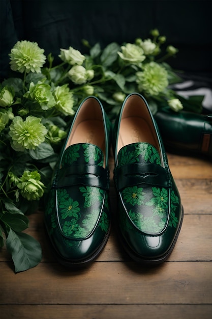 black_leather_loafers_green_flowers_pattern_on_shoes