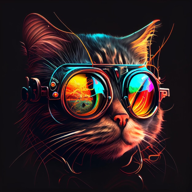 Black Neon Modern Disco Cat IA generativa