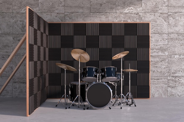 Black Professional Rock Black Drum Kit na sala de gravação de música de estúdio com paredes de painel de espuma acústica de amortecimento renderização em 3d