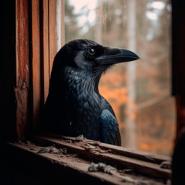 Black Raven mira por la ventana de una casa una foto de la cabeza de un pájaro salvaje desde la ventana