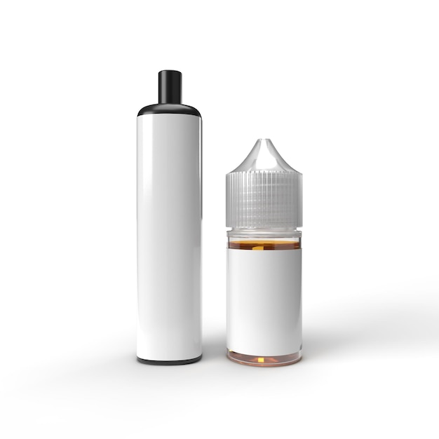 Un Black Vape con una botella de jugo de vape eliquid de 30 ml y etiquetas blancas aisladas en un fondo blanco con espacio de copia para maquetas Ilustración de renderizado 3D