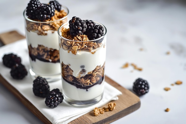 Blackberry-Schicht-Joghurt-Parfaits auf einer Holzplatte