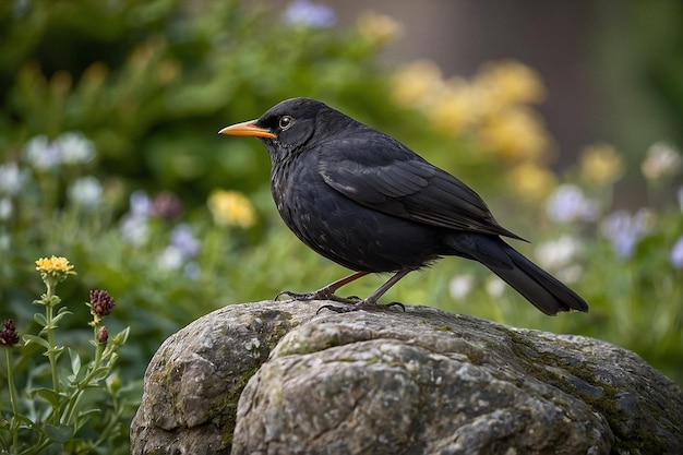 Blackbird sentado en una roca en un jardín