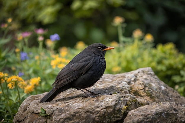 Blackbird sentado en una roca en un jardín