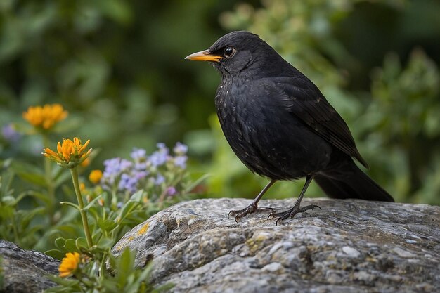 Blackbird sentado en una roca en un jardín