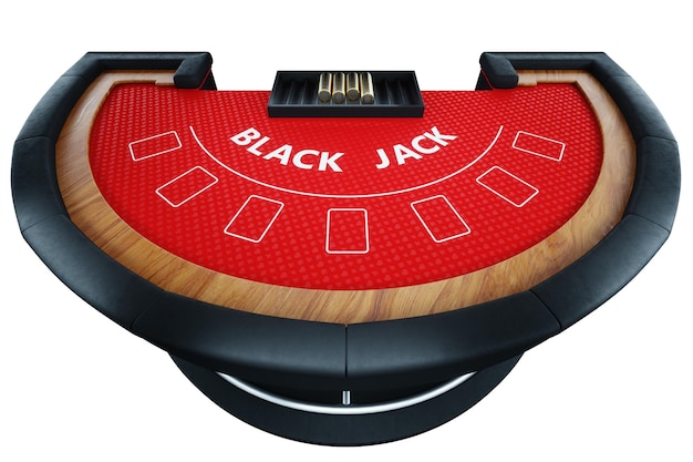 Blackjack-Kartenspieltisch isoliert auf weißem Hintergrund Draufsicht Rote Leinwand Das Konzept der Casino-Glücksspiel-Kartenspiele Online-Wetten riskieren 3D-Rendering 3D-Darstellung