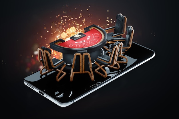 Foto blackjack online mesa de jogo de cartas blackjack no smartphone imagem criativa design moderno jogos de cartas jogos de cartas apostas online risco 3d render ilustração 3d