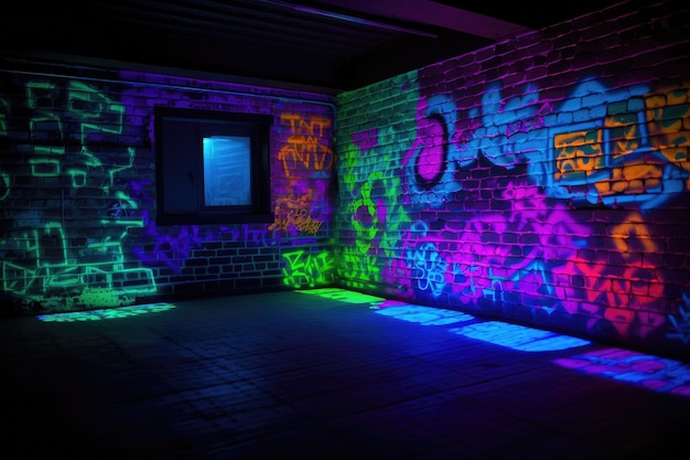 Foto blacklight e graffiti uvreativo em paredes de tijolos criados com ia generativa