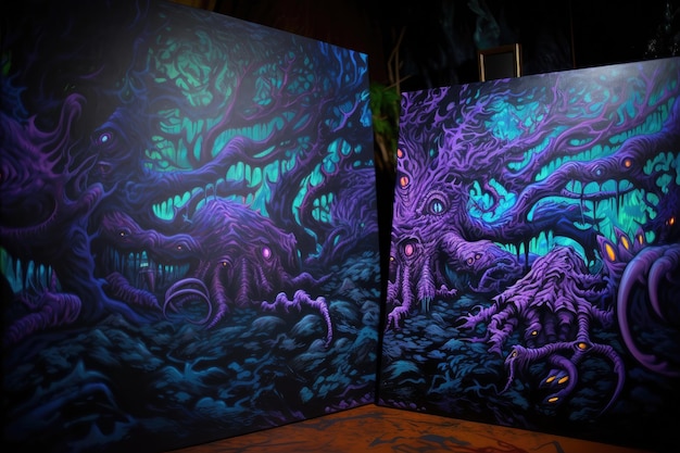 Blacklight e pintura uvreativa de misteriosa criatura da floresta criada com IA generativa