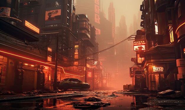Blade-Runner-Stadtbild der Stadt im Nebel 3D-Rendering