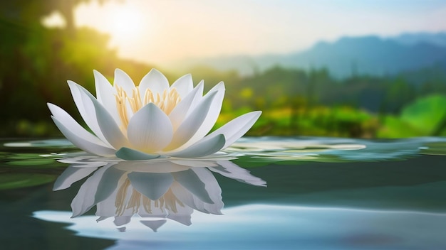 La blanca flor de loto sagrado en el agua