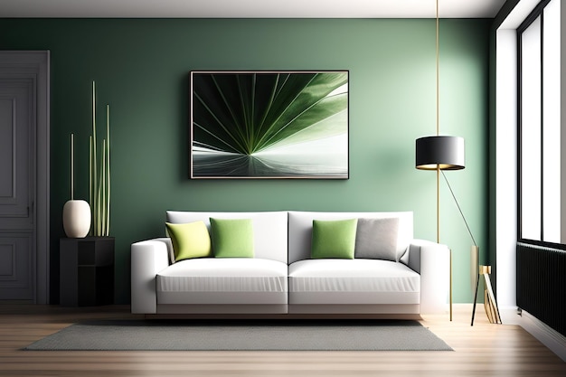 Blanco branco grande quadro de cartaz de foto borda de madeira na sala de estar de luxo moderna com sofá verde salvia c