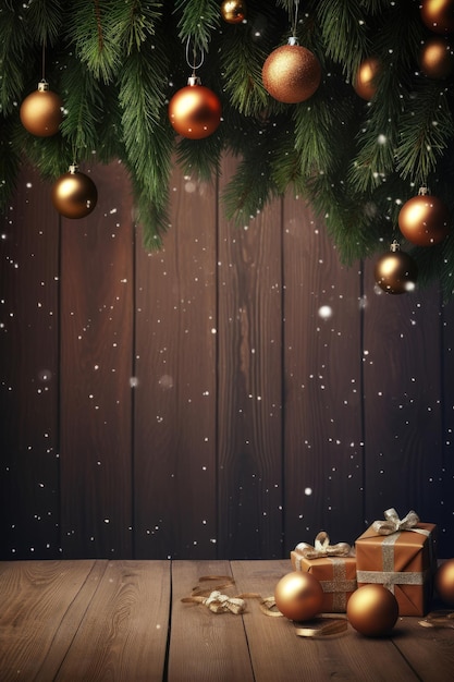 En blanco para carteles de Navidad o Año Nuevo fondo oscuro de madera con ramas de árboles de Navidad decoradas en la parte superior y regalos debajo con espacio para texto