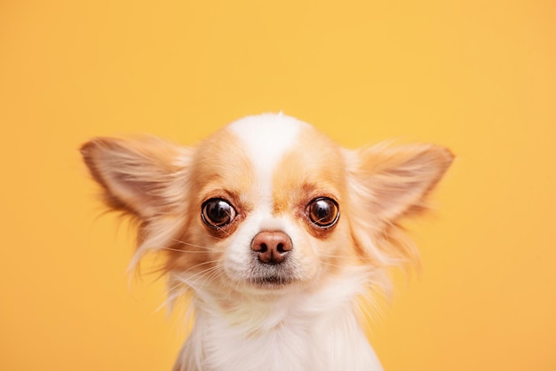 Blanco con manchas rojas raza de perro Chihuahua sobre un fondo homogéneo amarillo Retrato de un perro