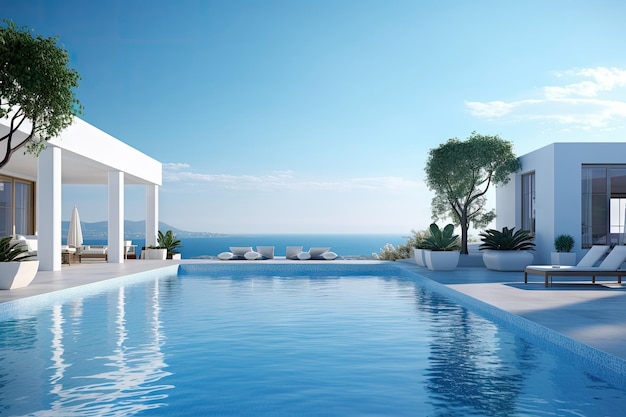 Blanco Mediterráneo Moderno y de lujo Concepto de arquitectura del edificio del salón del hotel Generativo Ai