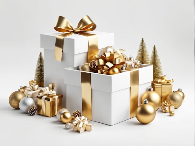 Y blanco moderno de moda de Navidad caja de regalo abierta de oro con juguetes y exhibición en el espacio vacío blanco B