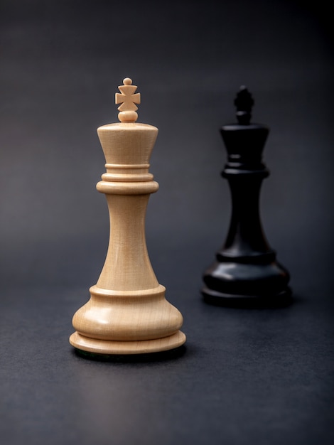 Blanco y negro rey y caballero de la configuración de ajedrez en el fondo oscuro.