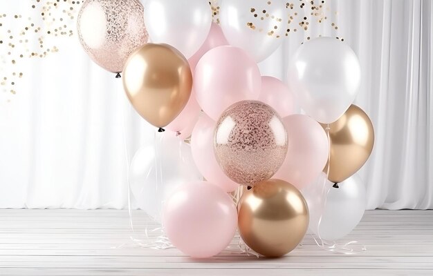 blanco pastel beige rosa y globo dorado con brillo en el whi