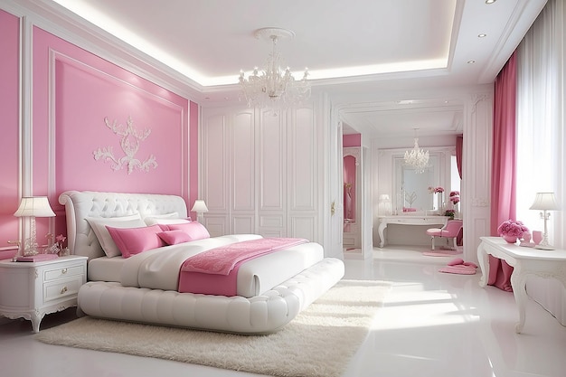 Blanco rosa hermoso dormitorio de lujo con decoración interior blanca baño blanco moderno