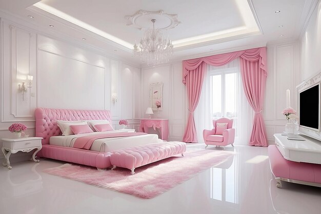 Blanco rosa hermoso dormitorio de lujo con decoración interior blanca baño blanco moderno