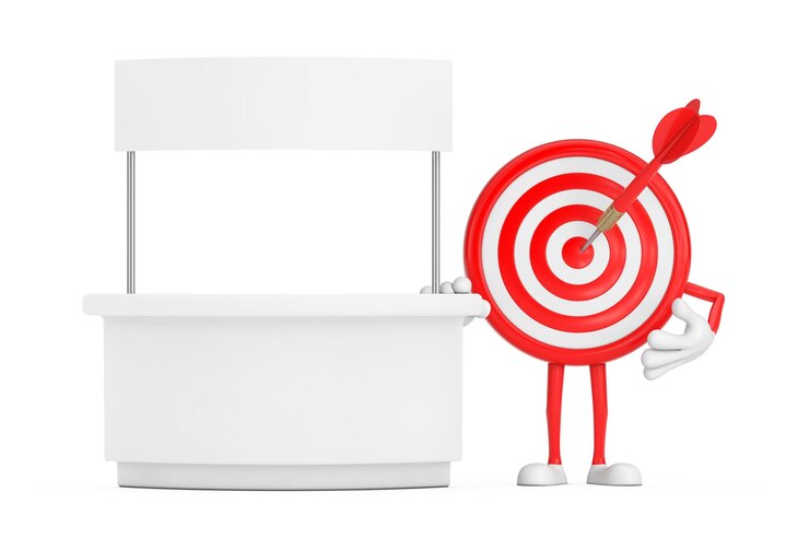 Foto blanco de tiro con arco y dardo en el centro personaje de dibujos animados mascota cerca de stand de promoción en blanco con espacio libre para su diseño representación 3d