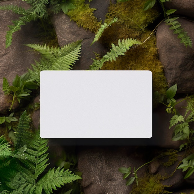 Foto blank business card on green leaves background generative ai
