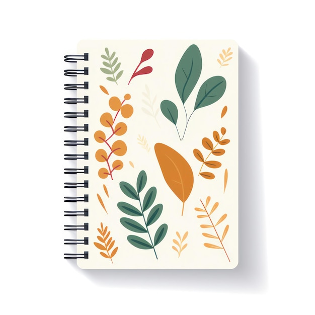 Foto blank floral notebook mit offenen seiten und grünen blättern auf weißem hintergrund