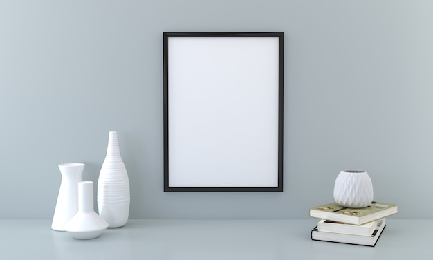 Blank Frame Mockup mit Büchern und Vasen auf grauer Wand3D-Rendering