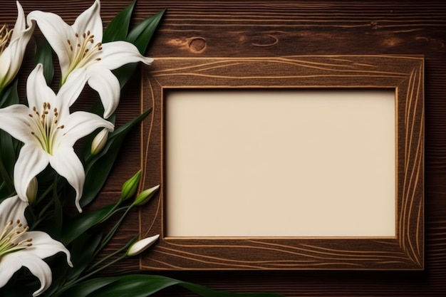 Blank Holz-Texturrahmen mit Lilien-Hintergrund schöner leichter Kopie-Raum-Mockup