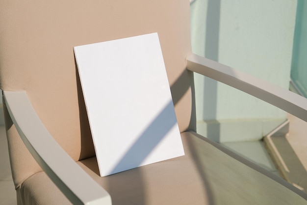 blank magazine mockup on soft armchair on terrace or balcony outdoor shadow overlay