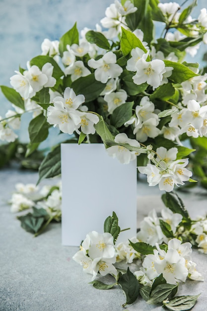 Blank mit Bouquet von Jasminblüten auf blauem Hintergrund Frühlingsblumen