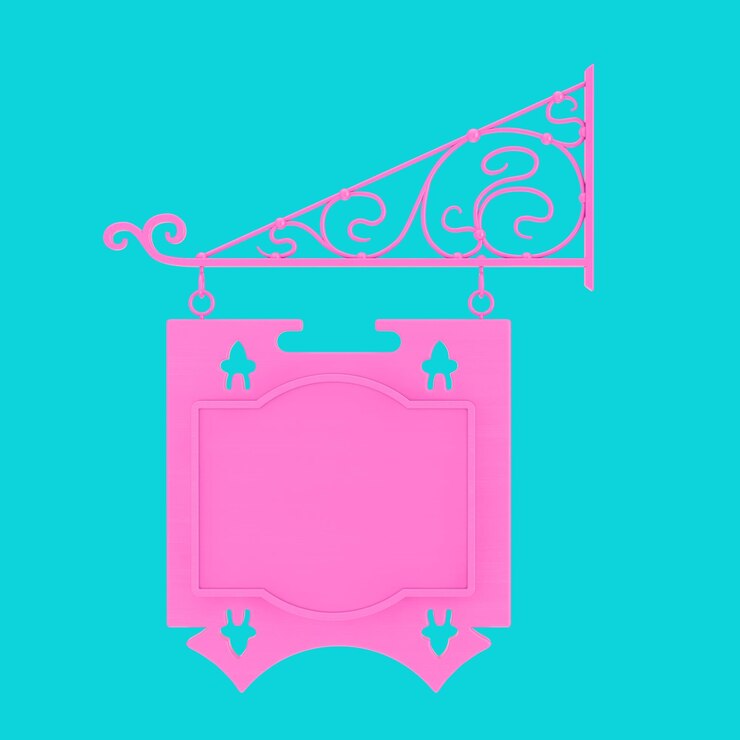 Foto blank monochrome pink hanging sign com espaço livre para o seu design e elementos de forja floral em duotone style 3d rendering